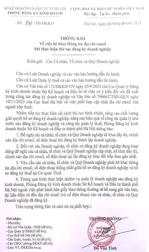 Thu tuc bo sung email khi thuc hien thu tuc dang ky doanh nghiep